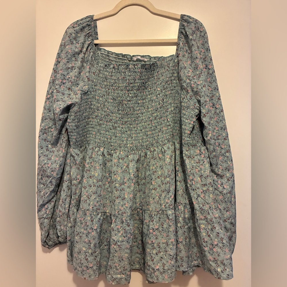 Chic Soul Mint Floral Smocked Square-Neck Peasant Tunic